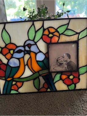 Vintage Stained Glass Bird Photo Frame - Colorful Floral Design EUC